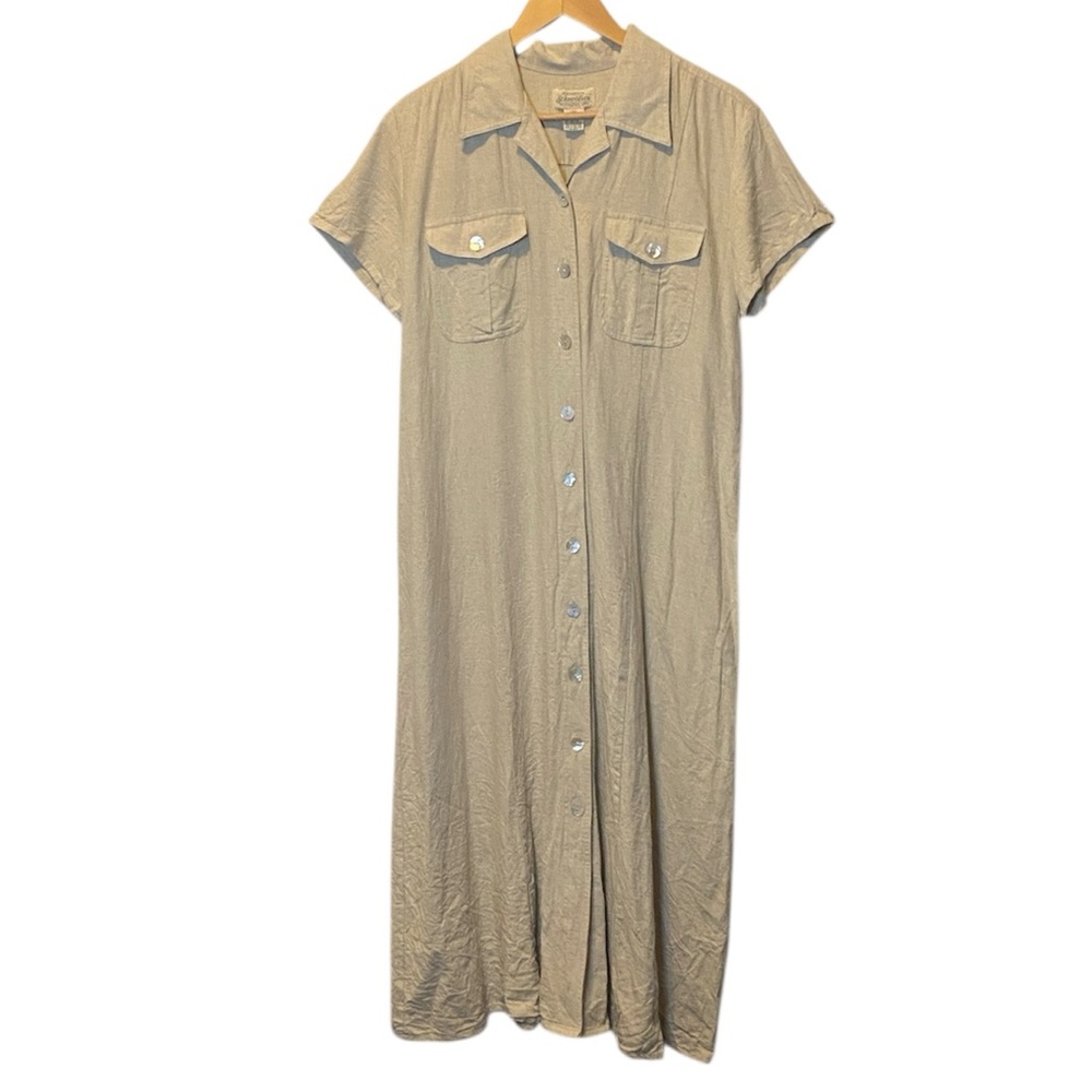 90s Linen Blend Shirt Dress Vintage Women 16W Tan Button Up Collared Safari Maxi